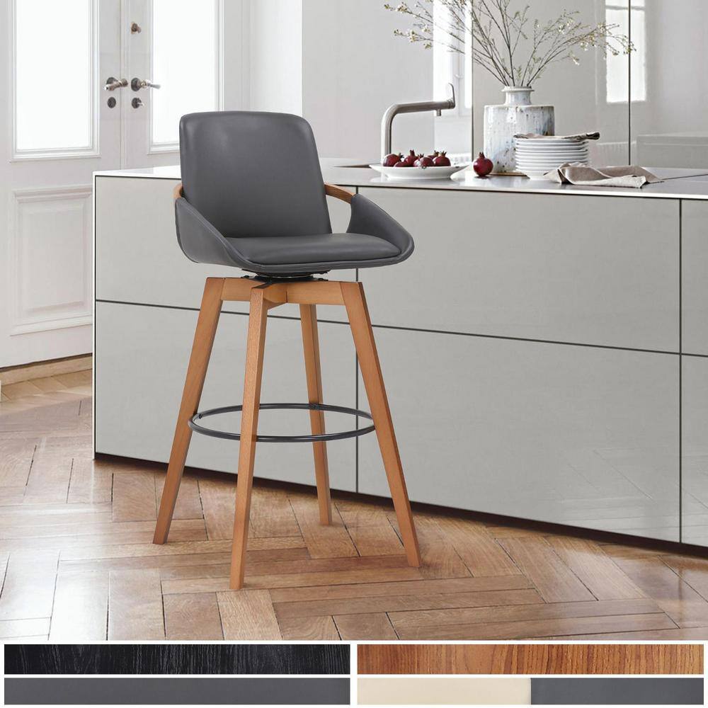 30 in. Gray Faux Leather and Walnut Wood Swivel Bar Stool