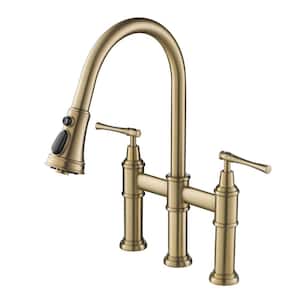 Allyn Double Handle Transitional Bridge Kitchen Faucet with Pull-Down Sprayhead in Brushed Gold