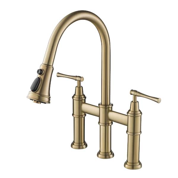 KRAUS Allyn Double Handle Transitional Bridge Kitchen Faucet with Pull-Down Sprayhead in Brushed Gold