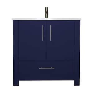 Boston 36 in. W x 20 in. D x 35 in. H Bathroom Vanity Side Cabinet in Navy with White Acrylic Top