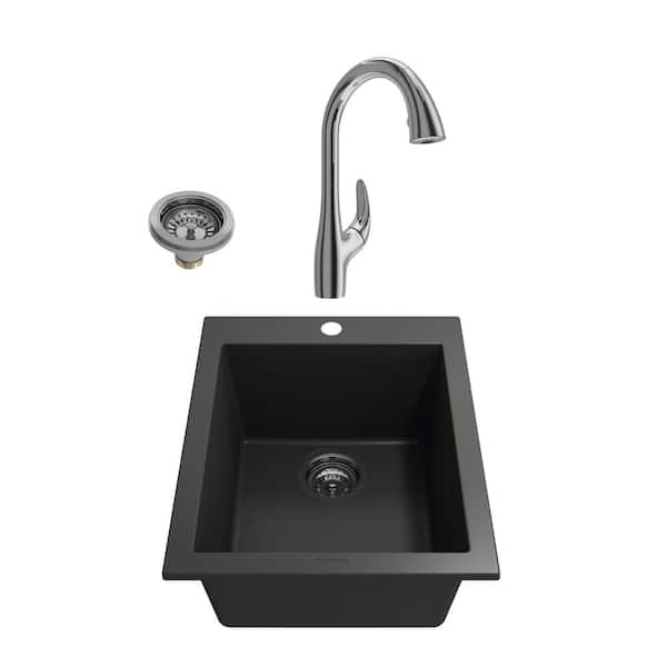 BOCCHI Campino Uno Matte Black Granite Composite 16 in. Single Bowl Drop-In/Undermount Kitchen Sink with Faucet