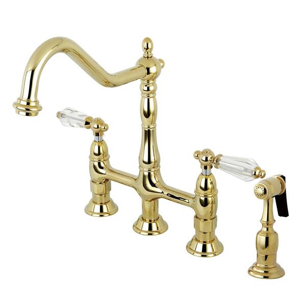 Kingston Brass Victorian Crystal 2-Handle Bridge Kitchen Faucet with Side Sprayer in Polished Brass