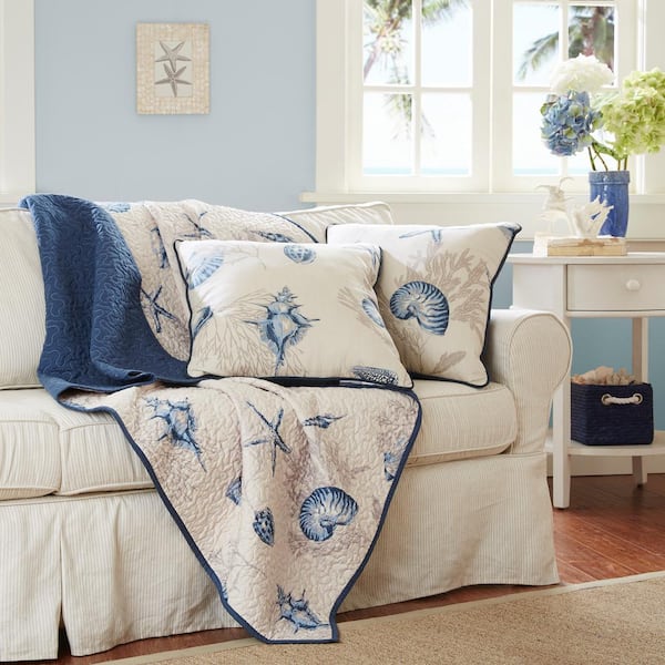 Madison Park Nantucket Blue Oversized Printed Microfiber Quilted Throw