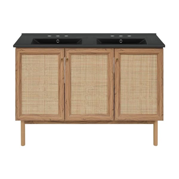 Swiss Madison Classe 48 in. W Double Basin Bathroom Vanity in Brown Oak with Black, 3-Hole Ceramic Sink Top