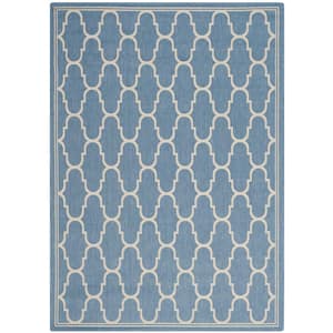 Courtyard Blue/Beige 7 ft. x 10 ft. Border Indoor/Outdoor Patio  Area Rug