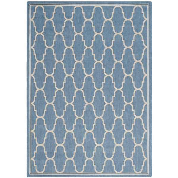 Courtyard Blue/Beige 9 ft. x 13 ft. Border Indoor/Outdoor Patio  Area Rug