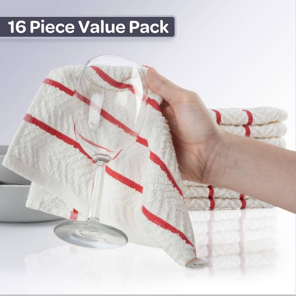 Set of 16 White and Red Cotton Dish Cloths, 12x12in