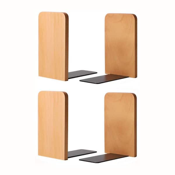 2-Pairs 4.1 in. x 5.1 in. Beech Wooden Bookends with Non-Slip Base for Shelf Organization