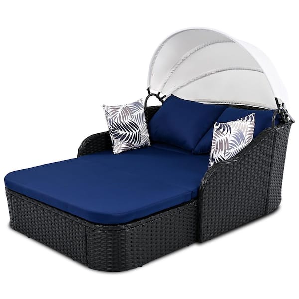 Black Wicker Outdoor Day Bed with Blue Cushion Retractable Canopy, 2-Person Sunbed Lounge Curved Armrest Sloped Backrest