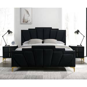 Cedarbrook 3-Piece Art Deco Black Velvet Upholstered Metal Queen Bedroom Set with Care Kit and Nightstands