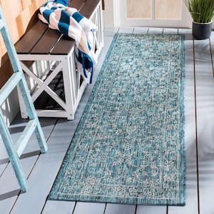 Courtyard Turquoise 2 ft. x 16 ft. Border Floral Scroll Indoor/Outdoor Patio  Runner Rug