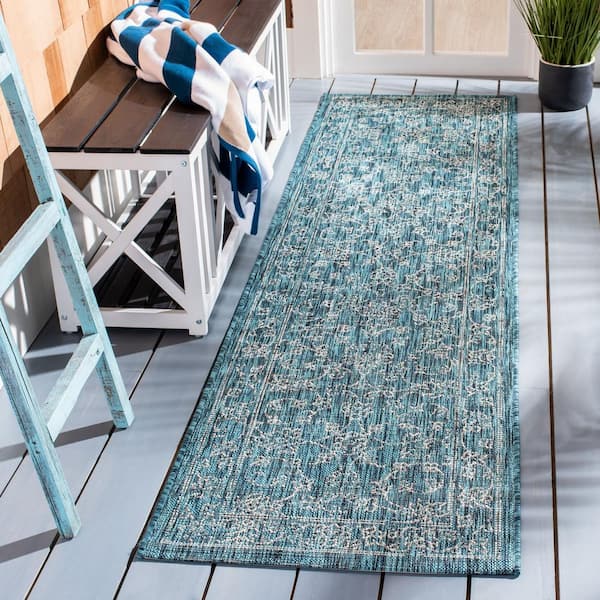 Courtyard Turquoise 2 ft. x 16 ft. Border Floral Scroll Indoor/Outdoor Patio  Runner Rug