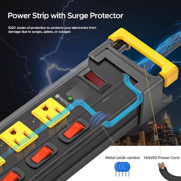 EKIEUDL - 12-Outlet Power Strip Surge Protector with 9 ft. Cord Metal and Individual Switches in Yellow