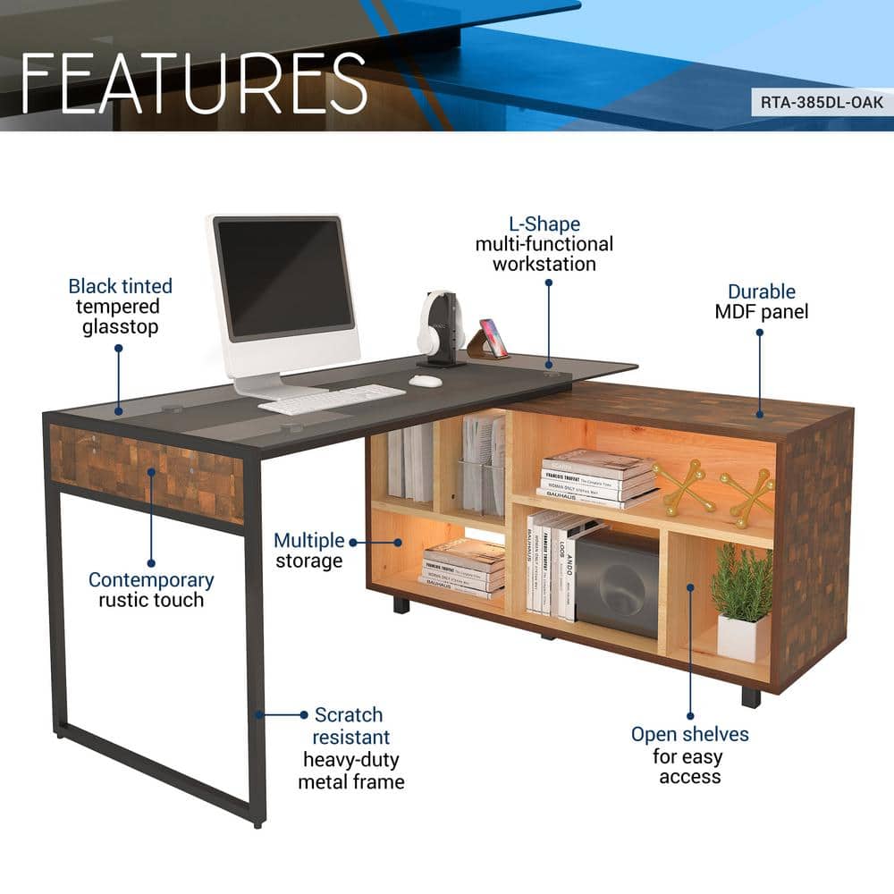 Elegant Rustic Oak L-Shaped Desk with Glass Top & Storage