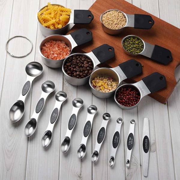 16-Piece Black Stainless Steel Magnetic Measuring Cup and Spoon Set with Double Sided Spoons and Leveler