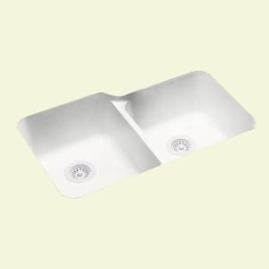 Undermount Solid Surface 32.8 in. 0-Hole 50/50 Double Bowl Kitchen Sink in Tahiti White
