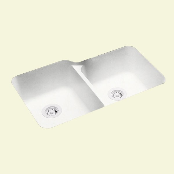 Swan Undermount Solid Surface 32.8 in. 0-Hole 50/50 Double Bowl Kitchen Sink in Tahiti White