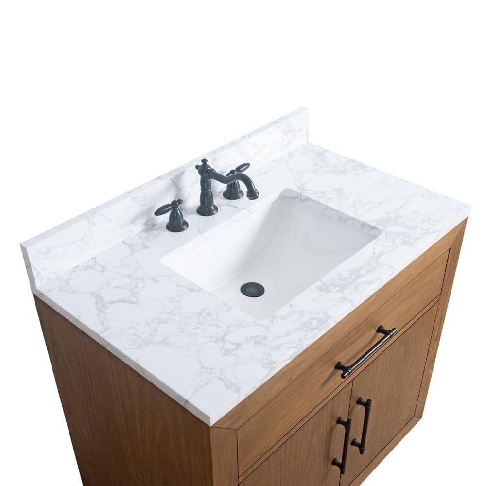 36" Tan Poplar Wood Bathroom Vanity with White Marble Top