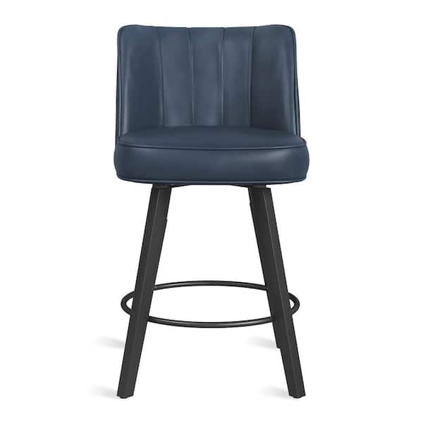 LUE BONA Paul 26 in. Blue Modern Faux Leather 360° Swivel High Back Barstool Solid Wood Counter Height stool Set of 2