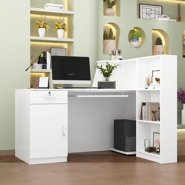 FUFU&GAGA 55.1 in. W x 43.3 in. H White Wooden L-Shaped Computer Desk, Reception Desk with 5-Shelves, A Drawer and A Keyboard