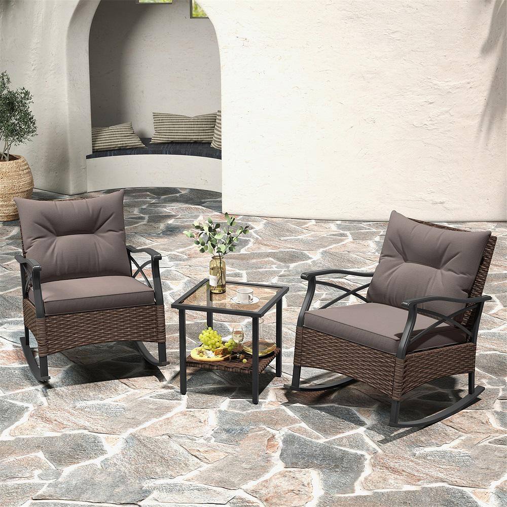 3-Pieces Wicker Patio Conversation Set with 2-Tier Coffee Table and Soft Seat Back Cushions Gray Outdoor price history on PriceWatchPro