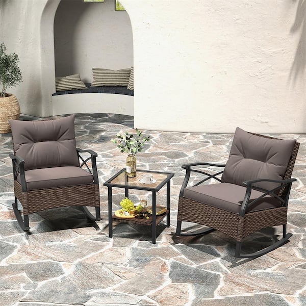 Gymax 3-Pieces Wicker Patio Conversation Set with 2-Tier Coffee Table and Soft Seat Back Cushions Gray Outdoor