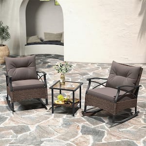 3-Pieces Wicker Patio Conversation Set with 2-Tier Coffee Table and Soft Seat Back Cushions Gray Outdoor