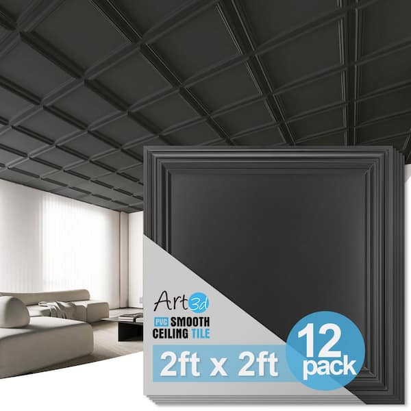 Black 2ft. x 2ft. Modren PVC Drop In Ceiling Tile, Decorative Glue Up Ceiling for Interior Wall Decor (48sq.ft./case)