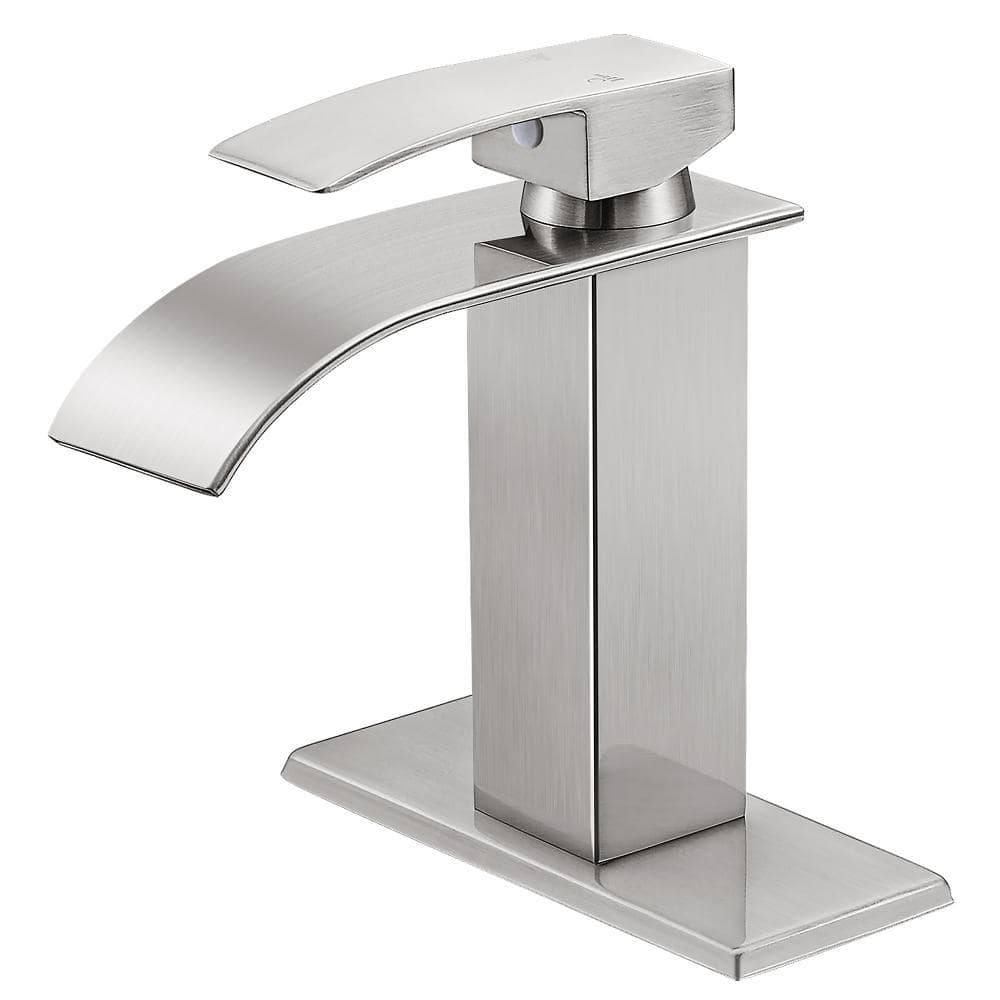 Waterfall Spout 1-Handle Low Arc 1-Hole Bathroom Faucet with Deckplate Incl
