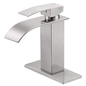 Waterfall Spout 1-Handle Low Arc 1-Hole Bathroom Faucet with Deckplate Included in Brushed Nickel