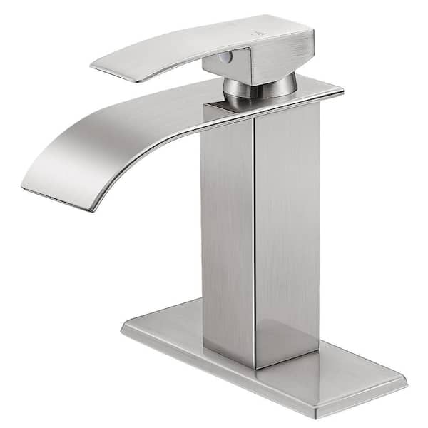 AKLFGN Waterfall Spout 1-Handle Low Arc 1-Hole Bathroom Faucet with Deckplate Included in Brushed Nickel