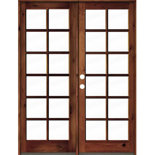 Krosswood Doors 72 in. x 96 in. French Knotty Alder Wood 12-Lite Clear Glass Red Chestnut Stain Right Active Double Prehung Front Door