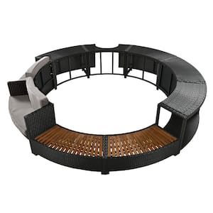 Black Metal Outdoor Surround Frame Rattan Sectional Set with Storage Spaces Grey Cushions for Patio, Backyard and Garden