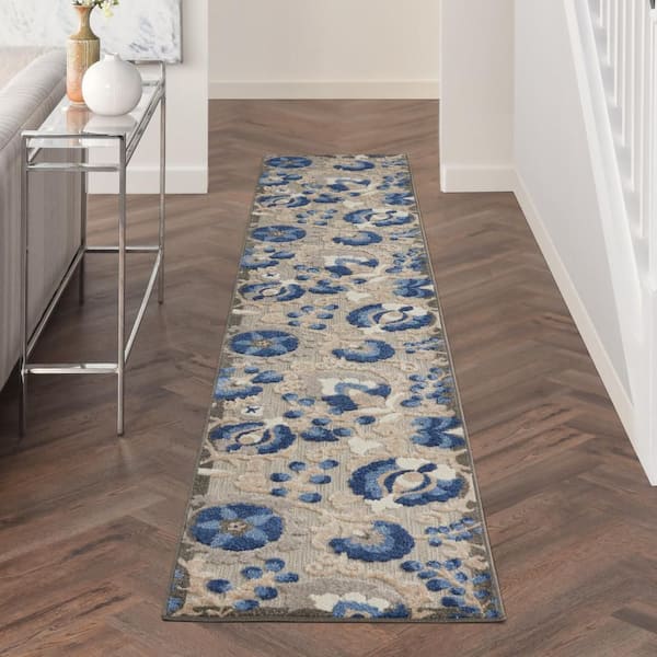 Aloha Blue 2 ft. x 12 ft. Kitchen Runner Floral Modern Indoor/Outdoor Patio Area Rug