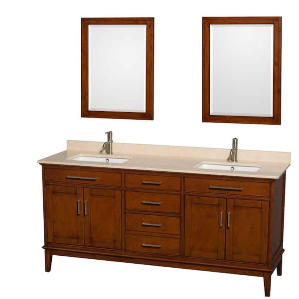 Wyndham Collection Hatton 72 in. Double Vanity in Light Chestnut with Marble Vanity Top in Ivory, Square Sink and 24 in. Mirrors
