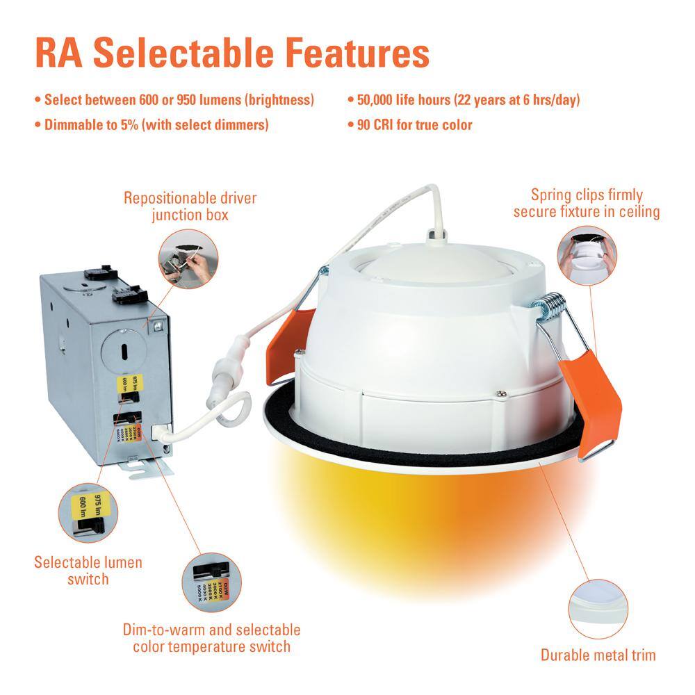 White Aluminum 6-Inch Adjustable LED Downlight with Selectable Color Temperatures