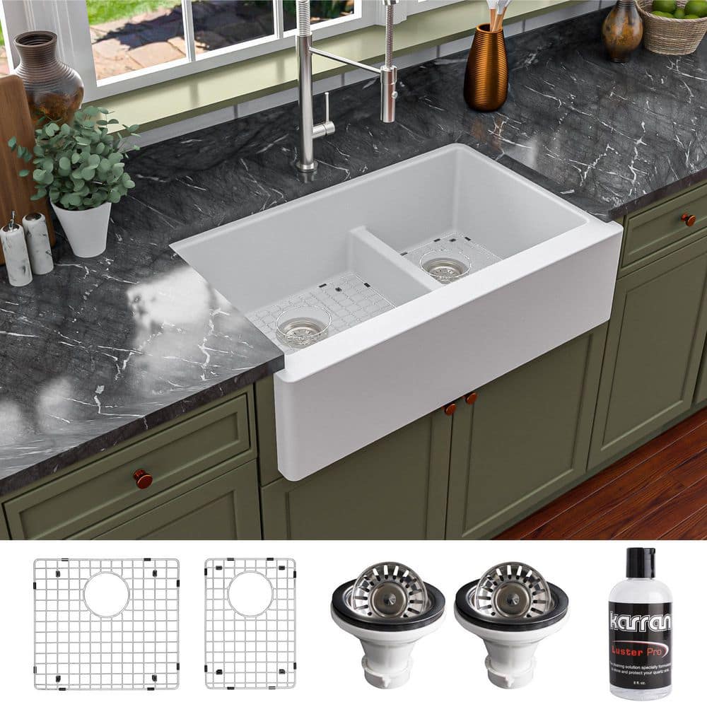 Karran QA-760 Quartz/Granite 34 in. Double Bowl 60/40 Farmhouse/Apron Front Kitchen Sink in White with Grid and Strainer -  QA-760-WH-PK1