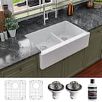 QA-760 Quartz/Granite 34 in. Double Bowl 60/40 Farmhouse/Apron Front Kitchen Sink in White with Grid and Strainer
