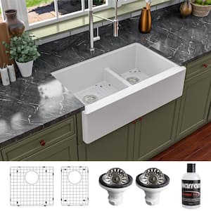 QA-760 Quartz/Granite 34 in. Double Bowl 60/40 Farmhouse/Apron Front Kitchen Sink in White with Grid and Strainer