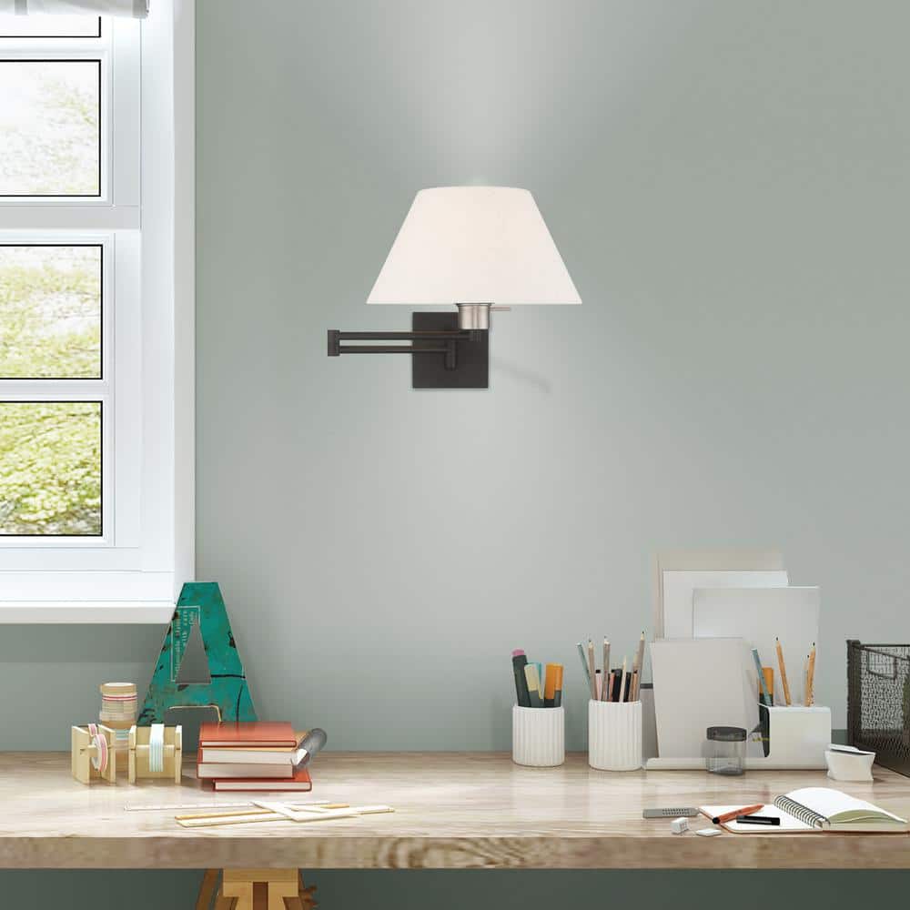 Classic Black Swing Arm Wall Lamp with Oatmeal Fabric Shade