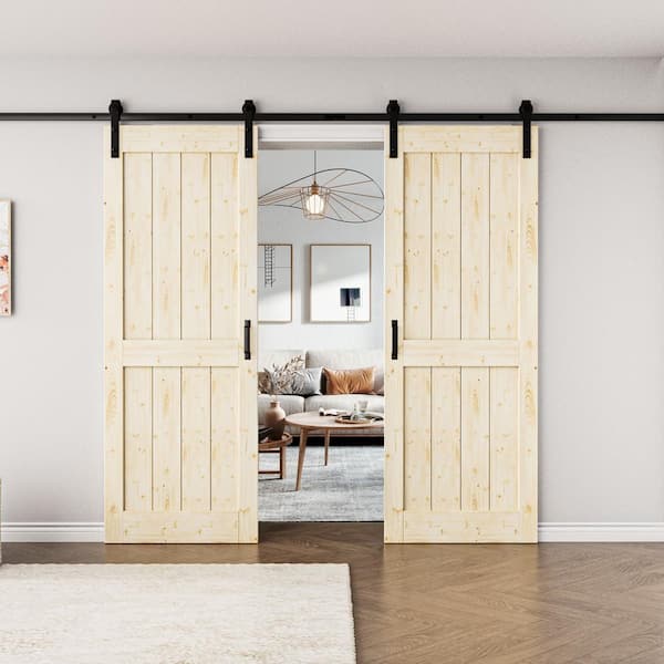60 in. x 84 in. Unfinished Solid Core Knotty Pine Sliding Barn Door with Hardware Kit 60 in. x 84 in. Unfinished Solid Core Knotty Pine Sliding Barn Door with Hardware Kit