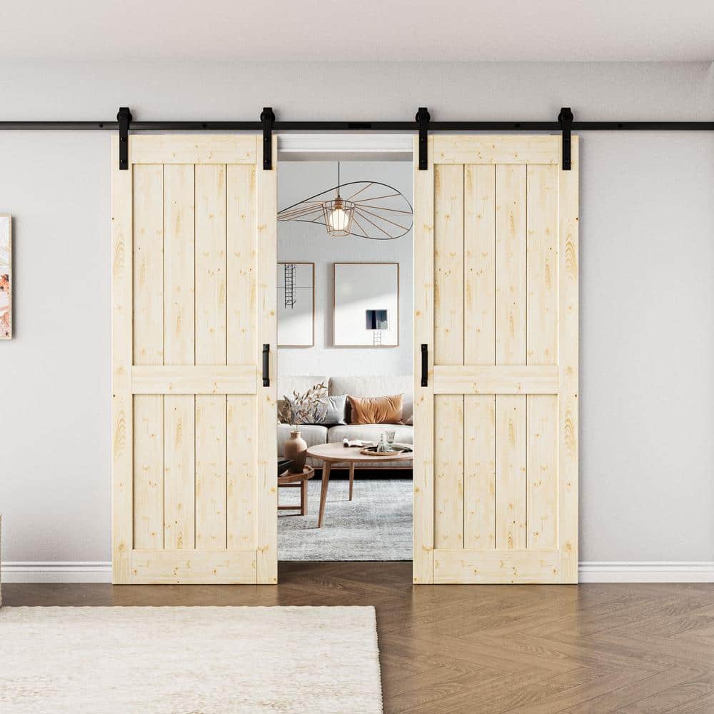 60 in. x 84 in. Paneled H Solid Core Pine Unfinished Wood Sliding Barn Door Slab with Hardware Kit Without Soft Close price history on PriceWatchPro