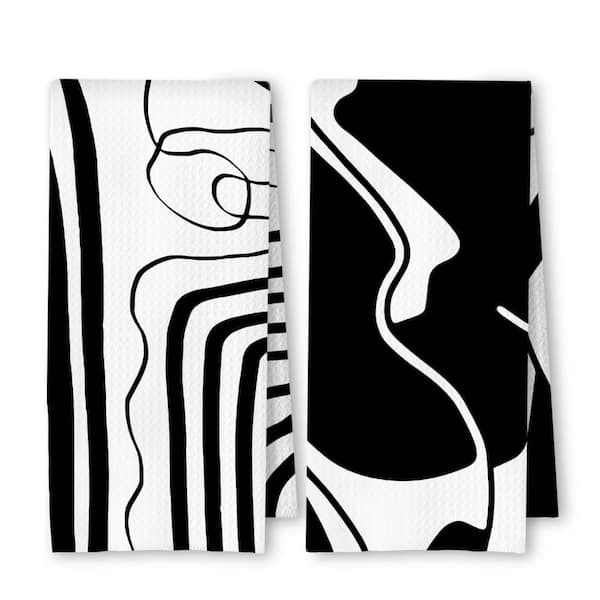 Black and White Abstract Wavy Line Modern Waffle Weave Kitchen Dish Towels Set of 2, 24 in. x 16 in. Each
