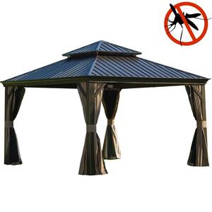 12 ft. x 12 ft. Black Outdoor Aluminum Gazebo with Galvanized Steel Double Canopy Curtains and Netting for Deck Backyard