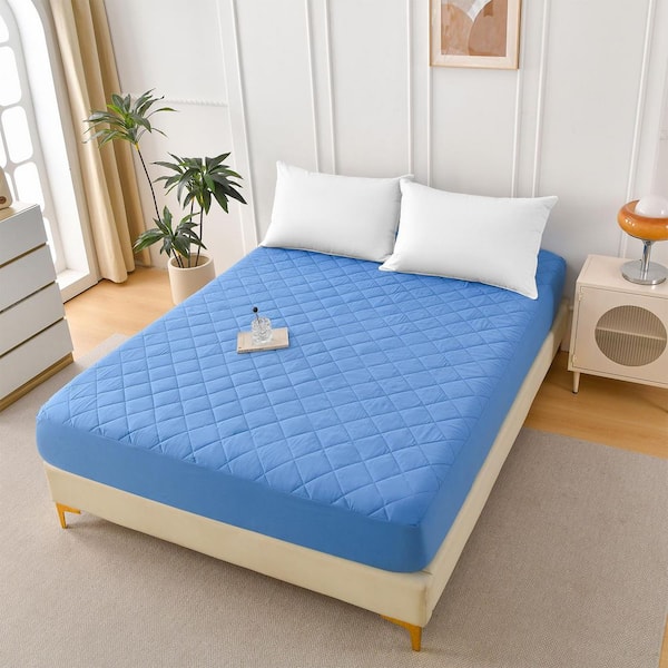 Light Blue Polyester Protector Diamond Grid Ultrasonic Waterproof Quilted Fitted Sheet-Size T