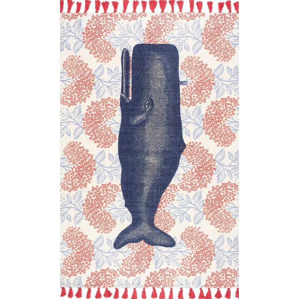 Coastal Charm Red Cotton Flatweave Whale Area Rug, 3' x 5'