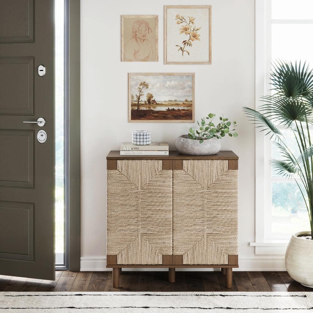 Dark Brown Solid Wood and Seagrass Accent Cabinet