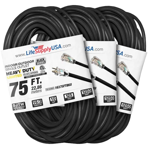 LifeSupplyUSA 75 ft. 16-Gauge/3-Conductors SJTW Indoor/Outdoor Extension Cord with Lighted End Black (3-Pack)