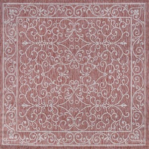 Charleston Red/Beige 5 ft. Vintage Filigree Textured Weave Indoor/Outdoor Square Area Rug