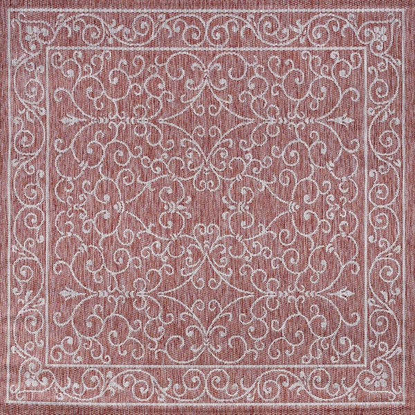 Charleston Vintage Filigree Textured Weave Red/Beige 5 ft. Square Indoor/Outdoor Area Rug